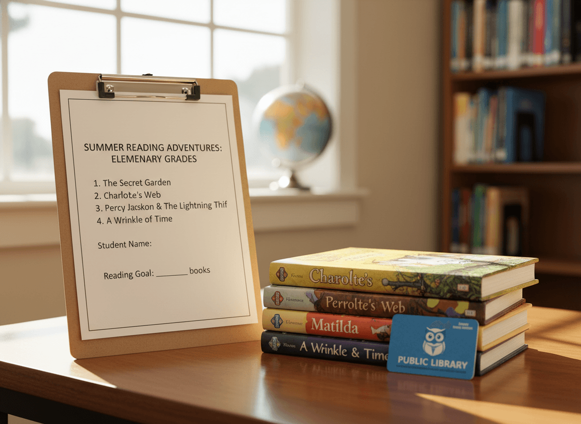 A printed summer reading list on a clipboard next to a stack of chapter books and a library card