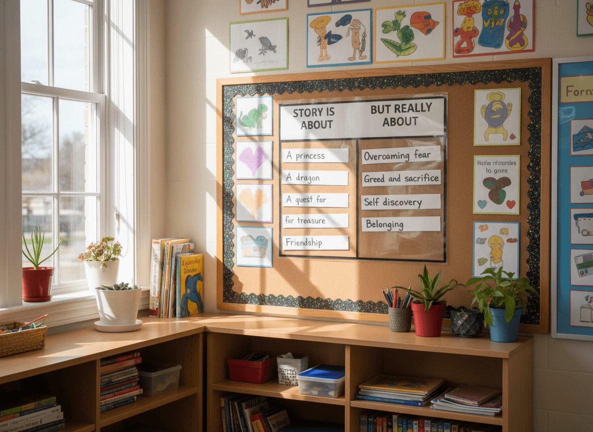 A chart on a classroom wall with the words story is about and but really about written as two columns with student responses underneath