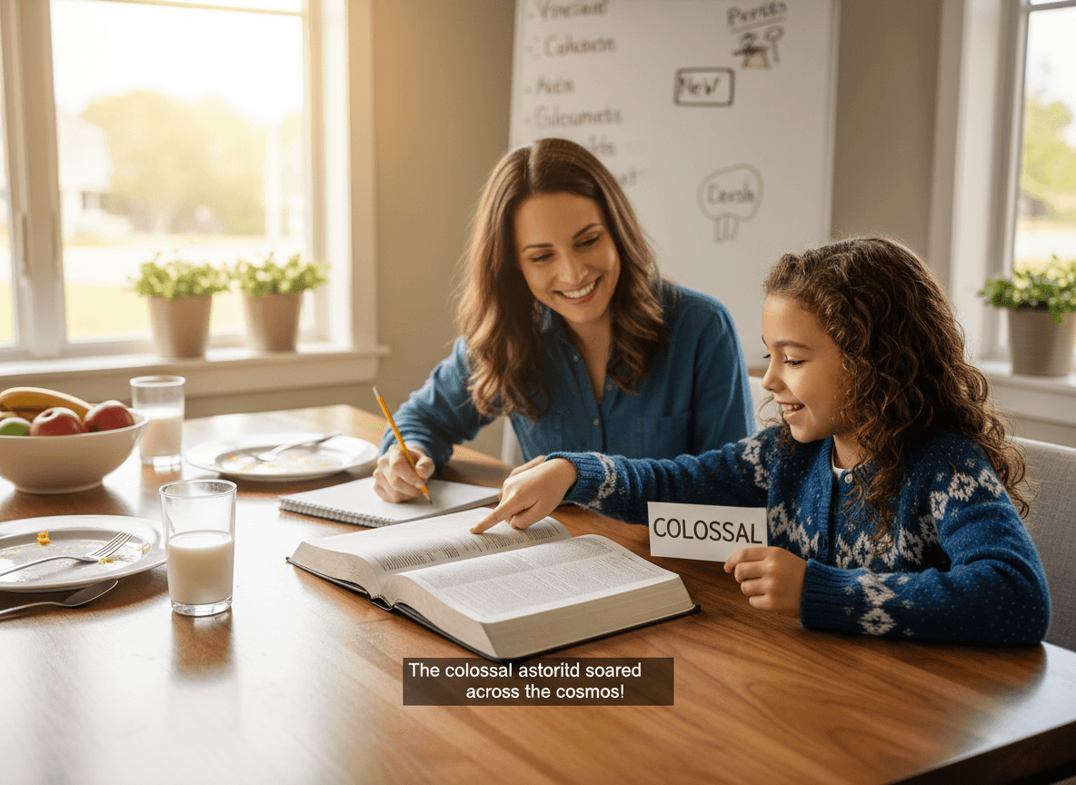 A parent and a fourth grader using a new vocabulary word in a sentence at the dinner table