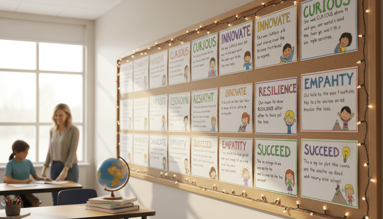 A classroom vocabulary wall covered in student-made definition posters with example sentences