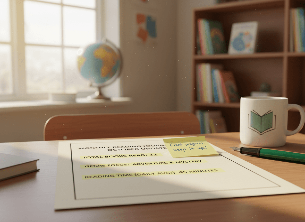 A printed monthly reading update on a desk with three highlighted data points and a sticky note