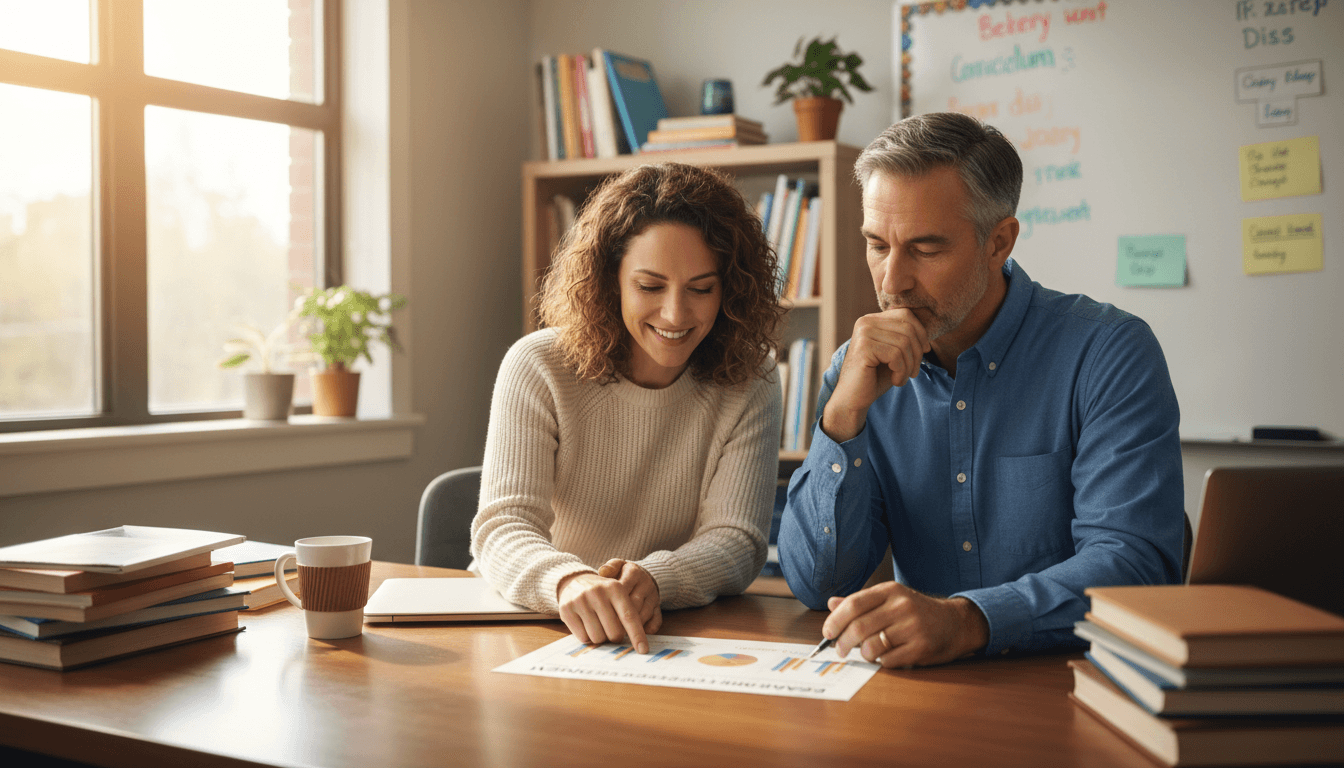 A literacy coach and a principal reviewing a one-page reading data summary in a school office