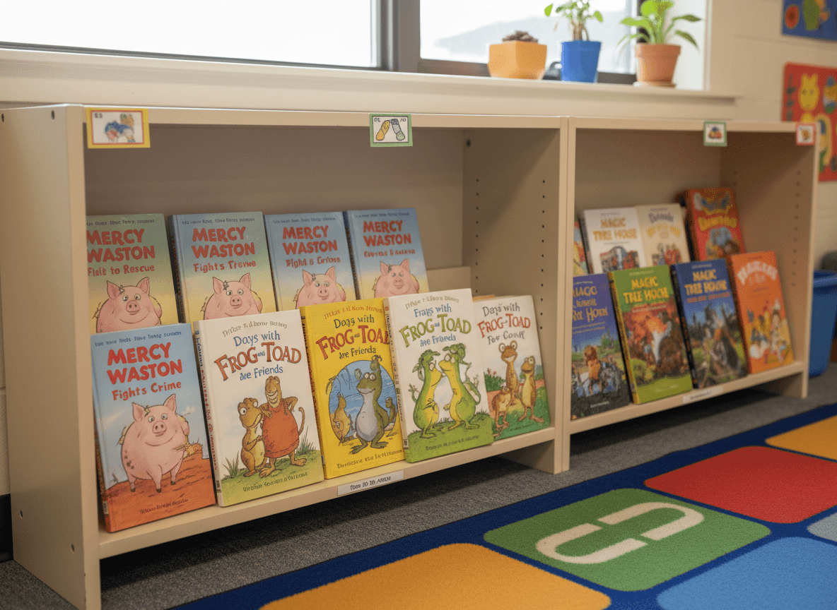A second grade classroom library shelf with Mercy Watson, Frog and Toad, and Magic Tree House titles