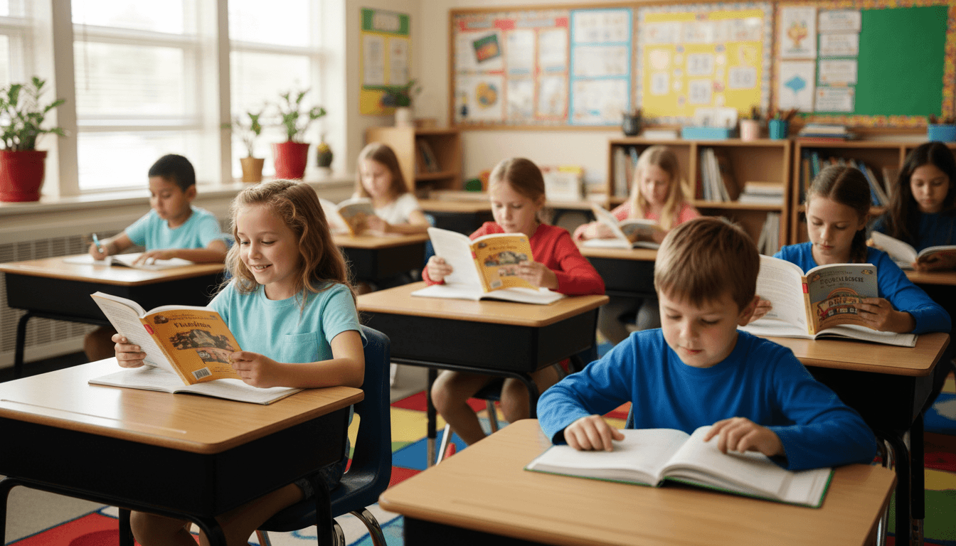 Second graders reading chapter books at their desks with bookmarks and reading logs