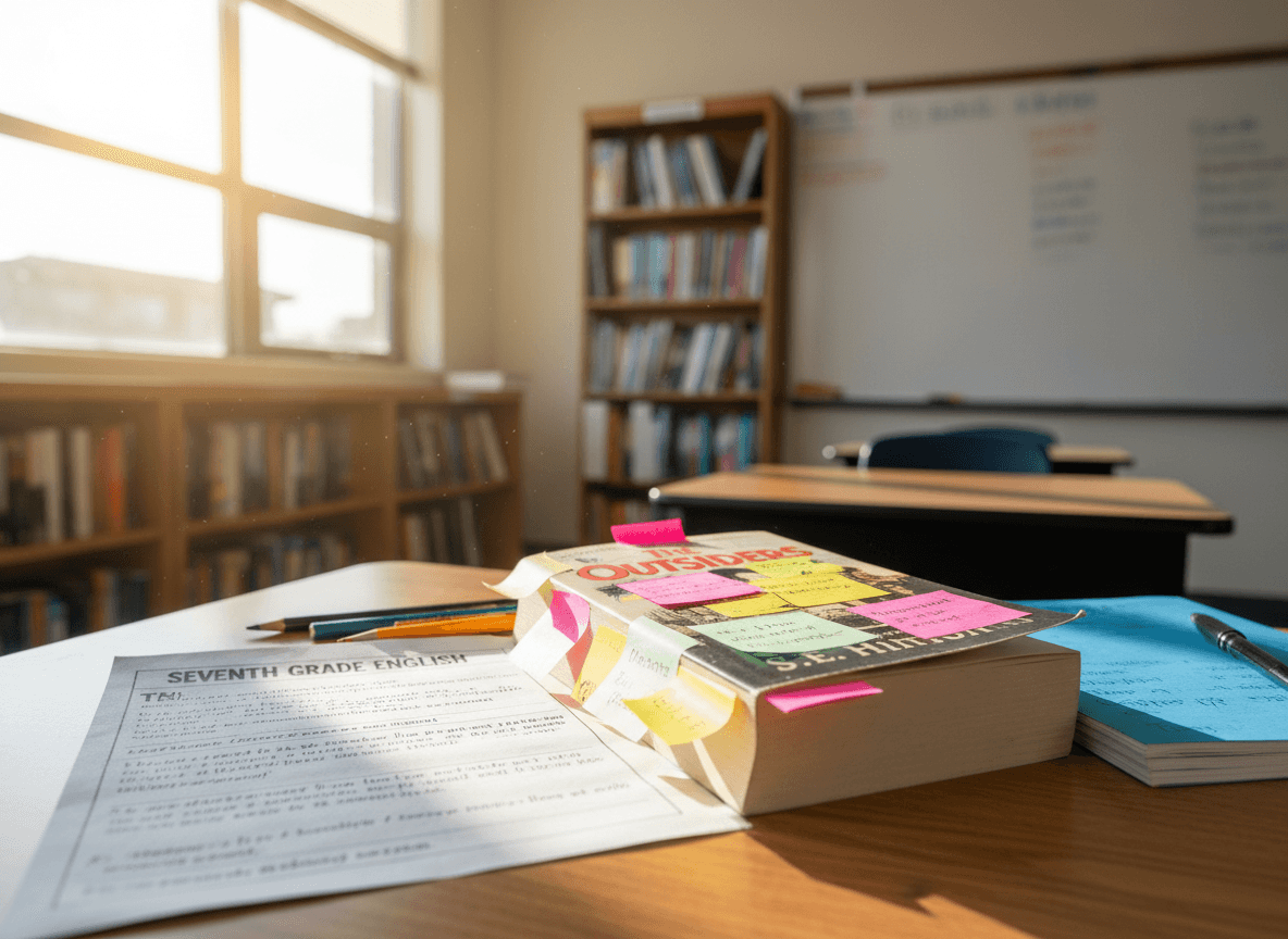 A seventh grader's copy of The Outsiders annotated with sticky notes and highlighter marks beside a close reading worksheet