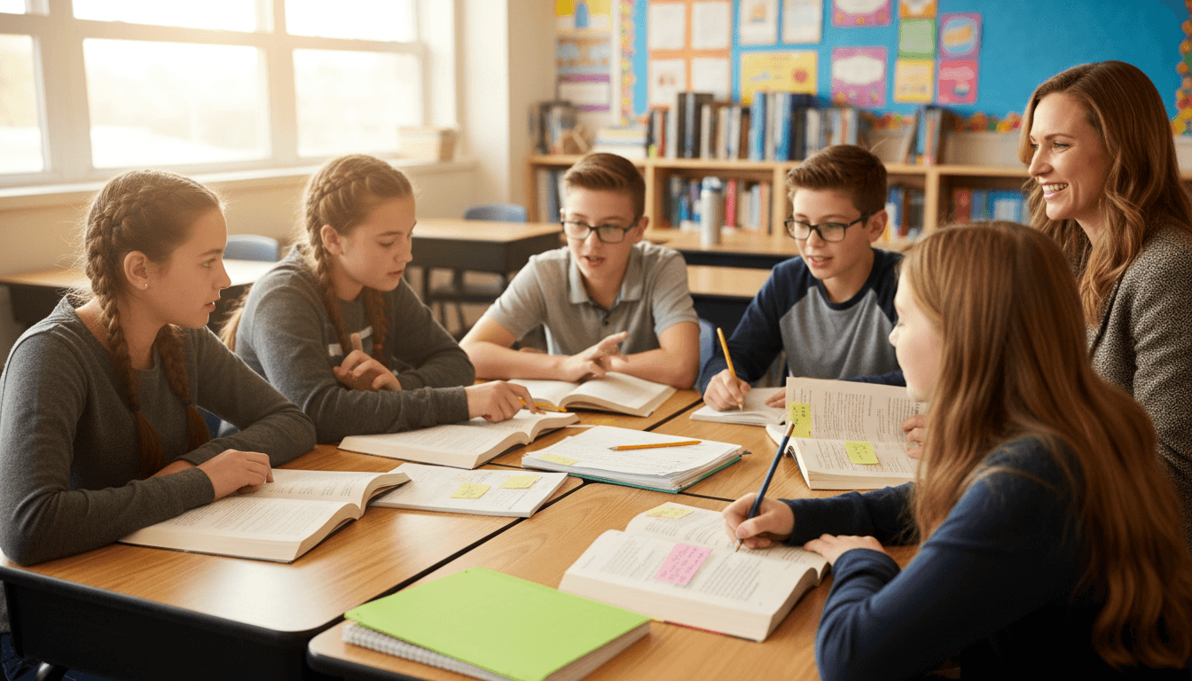 Seventh graders discussing a novel with marked-up paperback copies on their desks