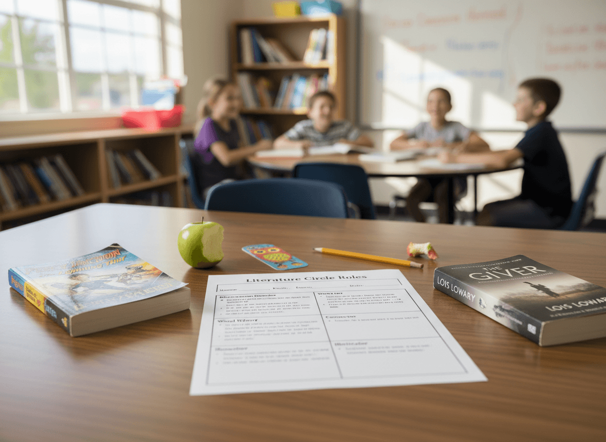 A sixth grader's literature circle role sheet next to copies of Percy Jackson and The Giver