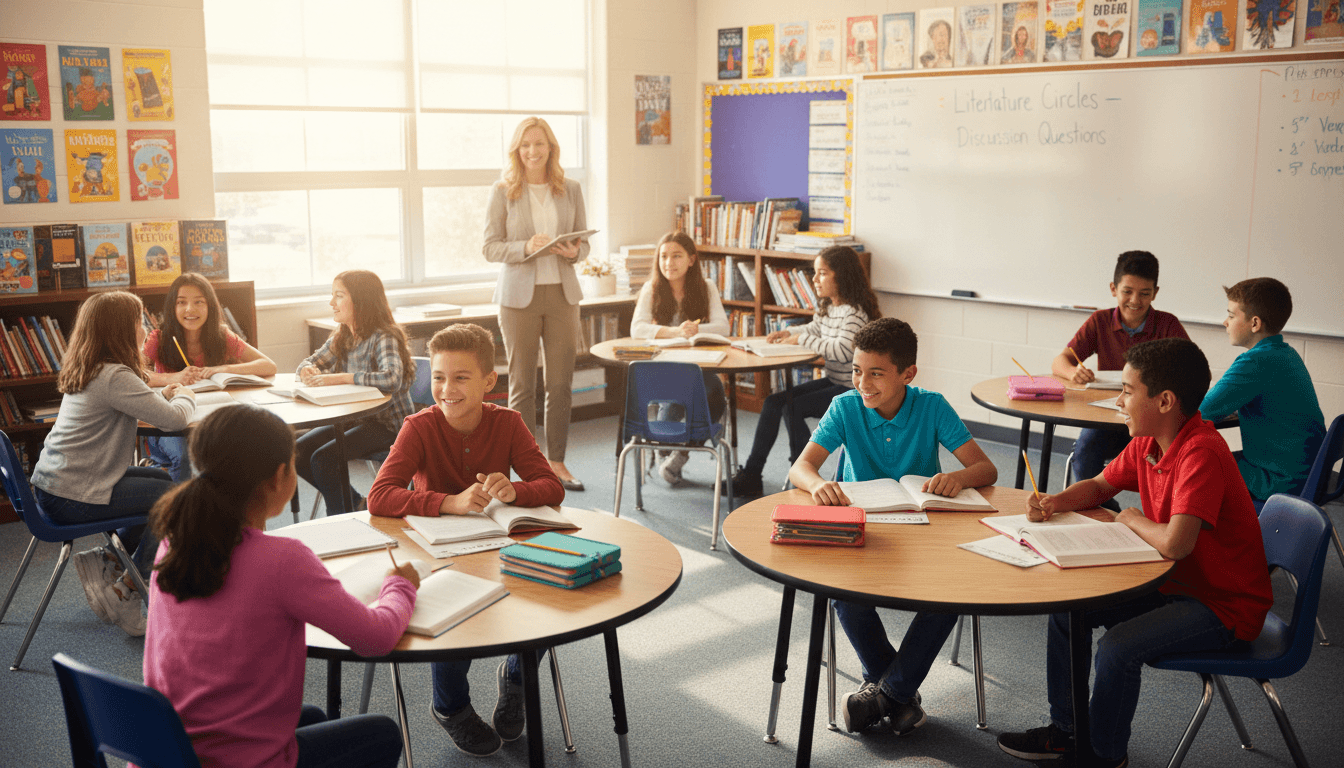A sixth grade classroom with four literature circle groups meeting at small tables