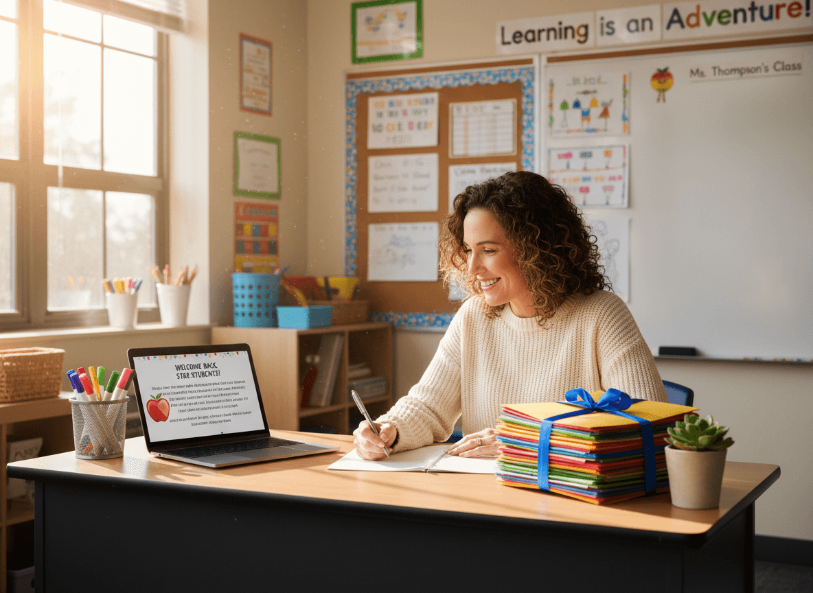 A teacher writing a back-to-school newsletter at a desk with a stack of welcome packets