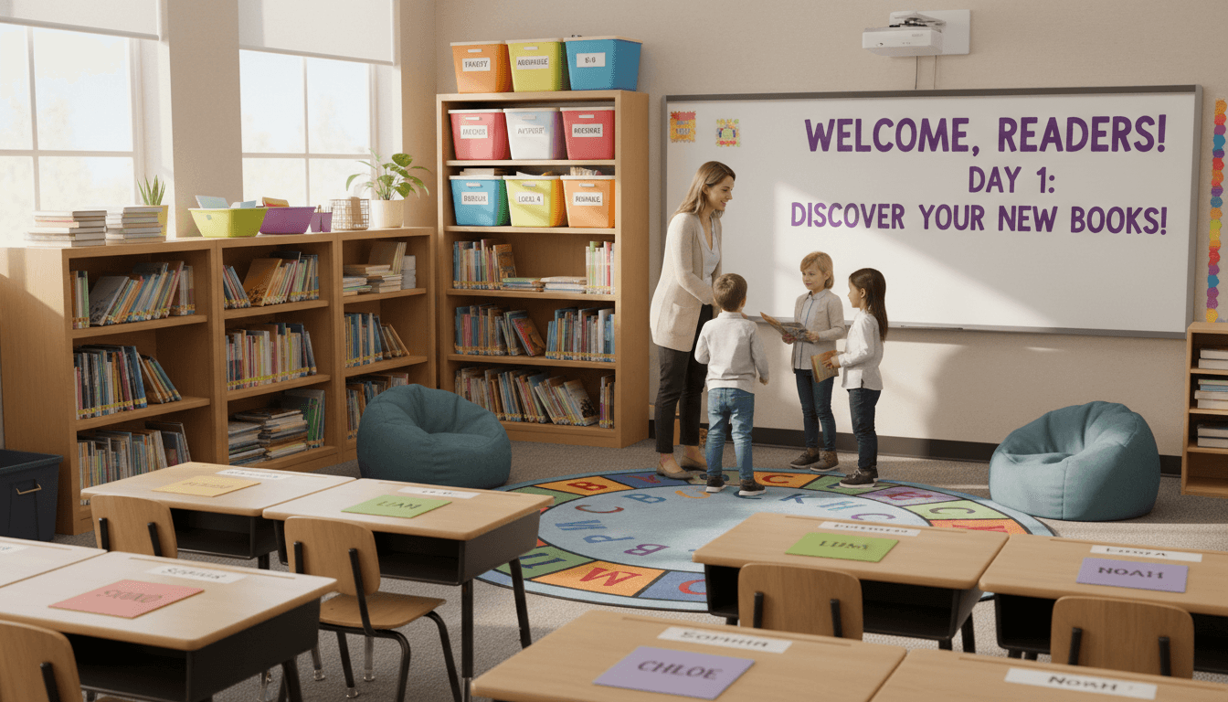 A reading classroom on the first day with labeled library bins, leveled books, and student name tags on desks