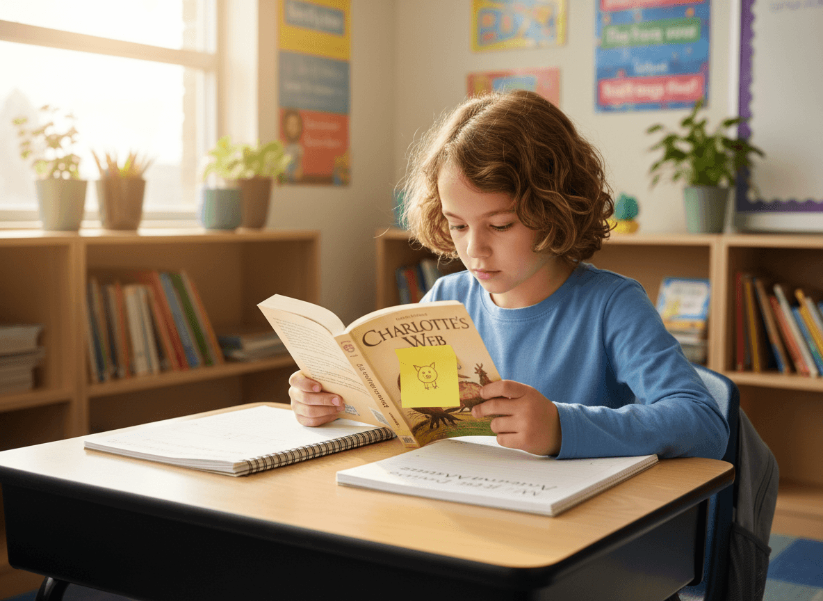 A third grader reading Charlotte's Web at a desk with a sticky note bookmark and a reading response notebook