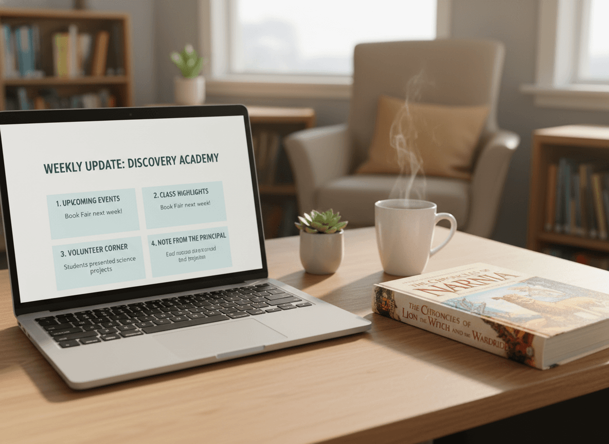 A simple weekly newsletter draft on a laptop screen with four short sections and a chapter book on the side