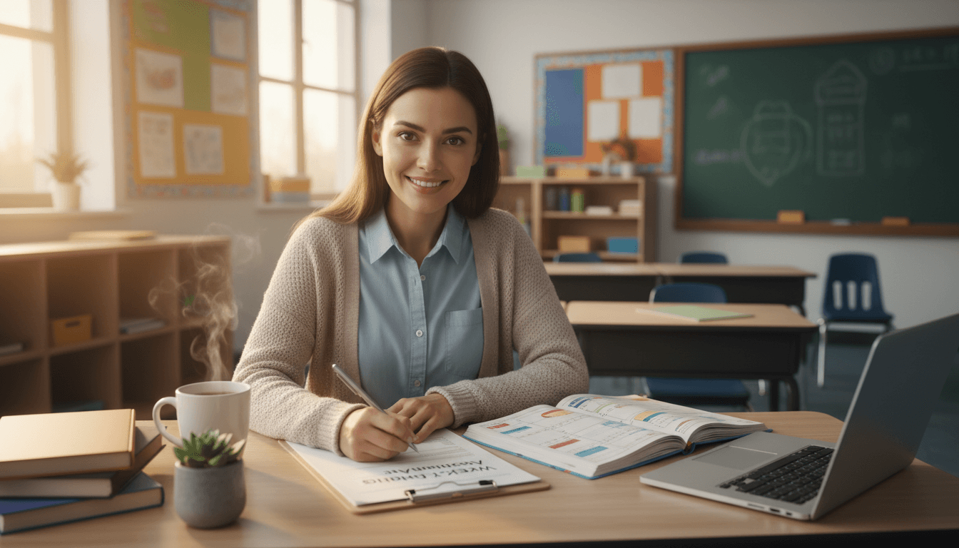 A teacher writing a quick weekly reading newsletter at a desk after school with a planner and laptop open