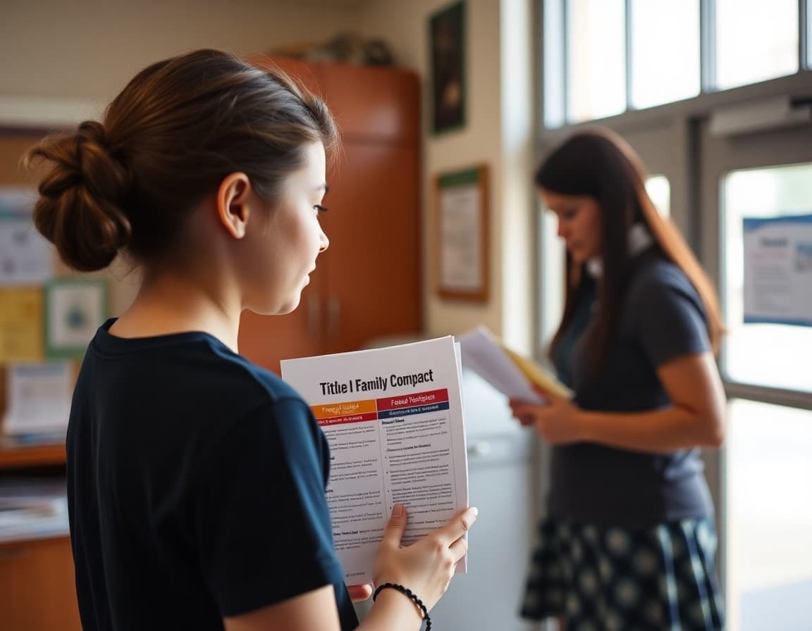 Title I family compact documents and school newsletters at an Alabama elementary school office