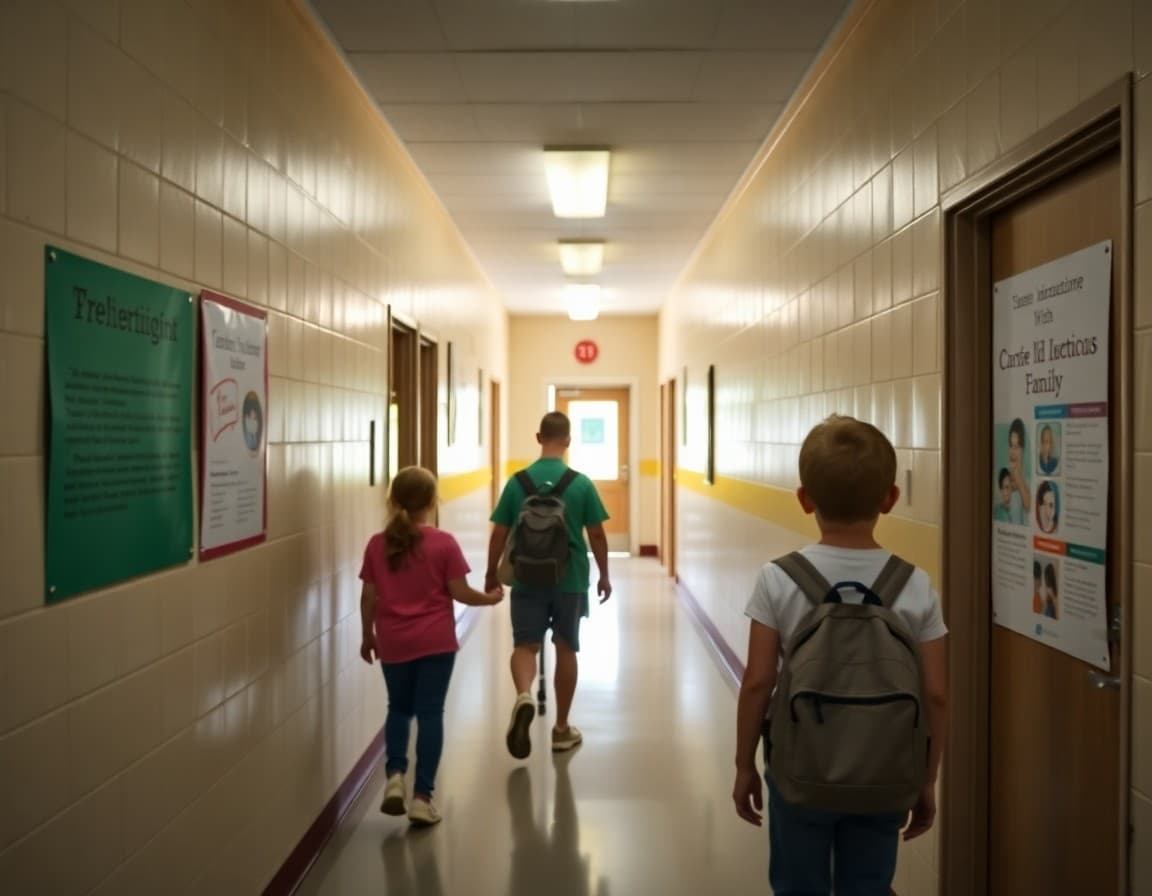 Arkansas rural school hallway with family communication materials posted near the front office