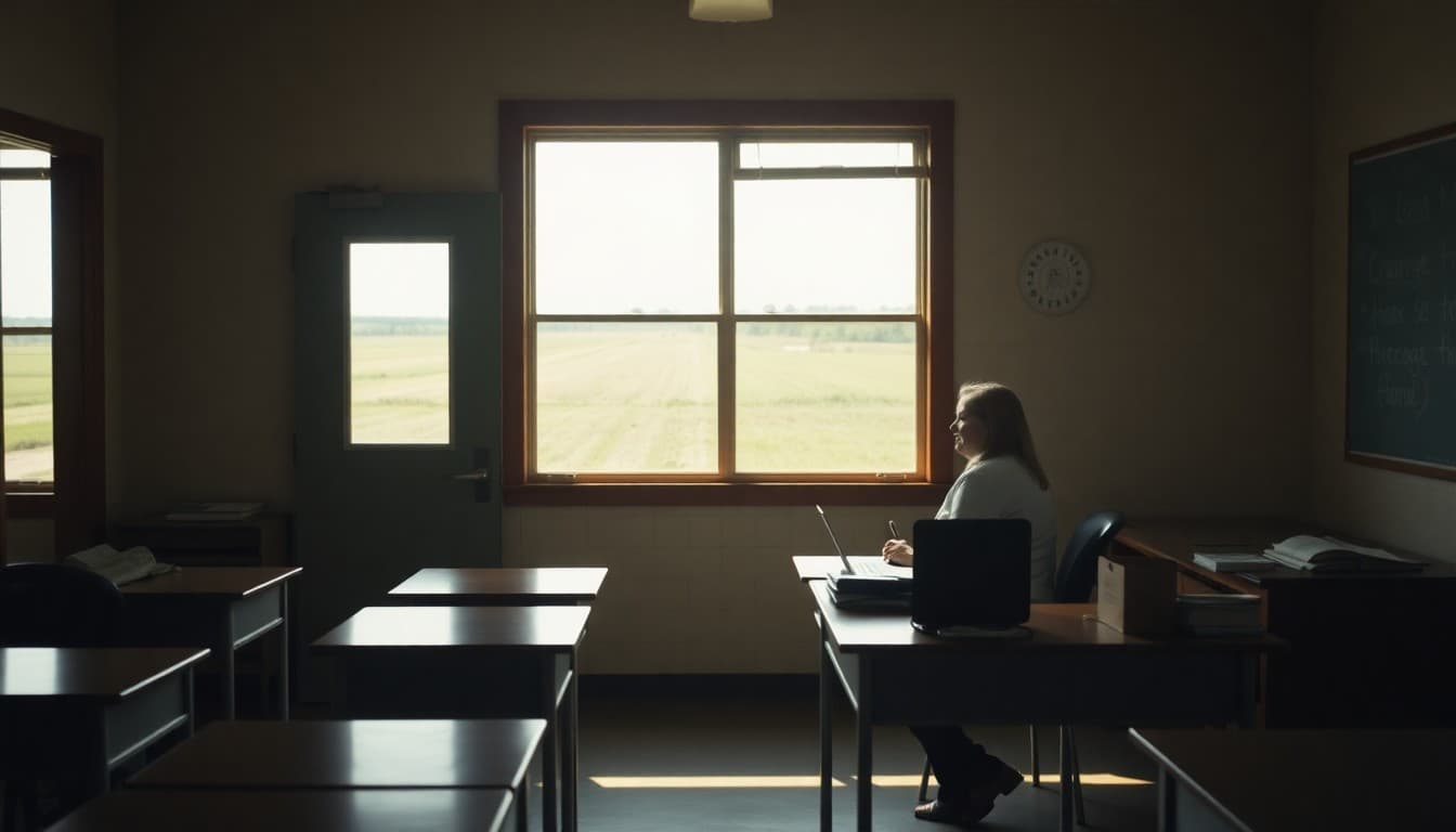 Small Arkansas school in a Delta town with farmland in the background and a teacher at a desk
