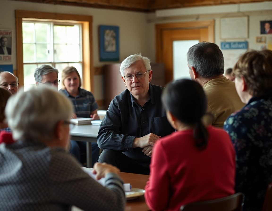 A rural Arkansas school principal meeting with parents at a community gathering in the Ozarks