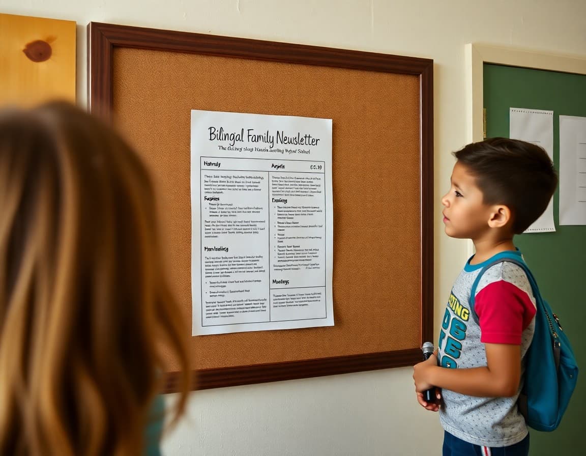 Bilingual family newsletter posted on a bulletin board at an Arizona border community school