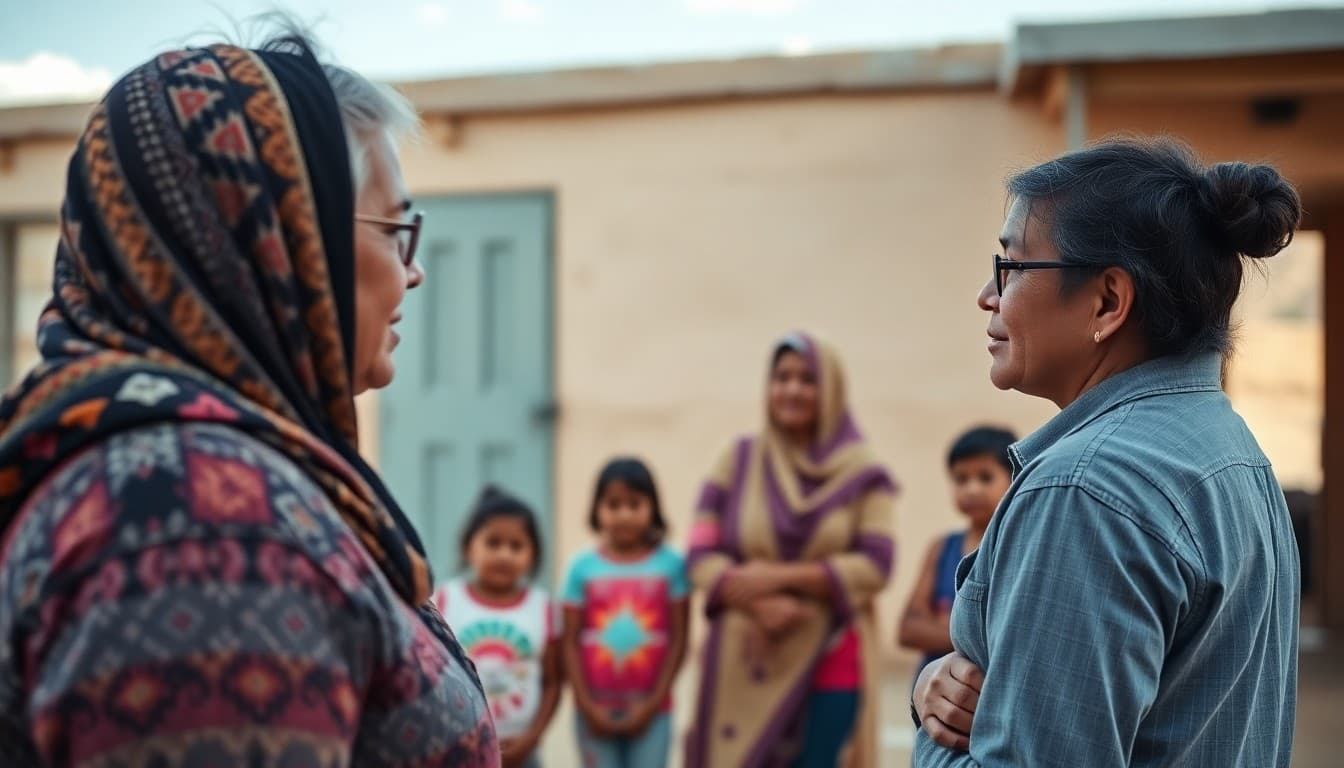 An Arizona rural school principal communicating with Navajo Nation families outside a desert school building
