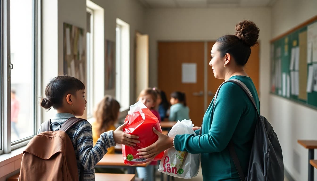 School social worker distributing backpack food program bags to students going home for the weekend