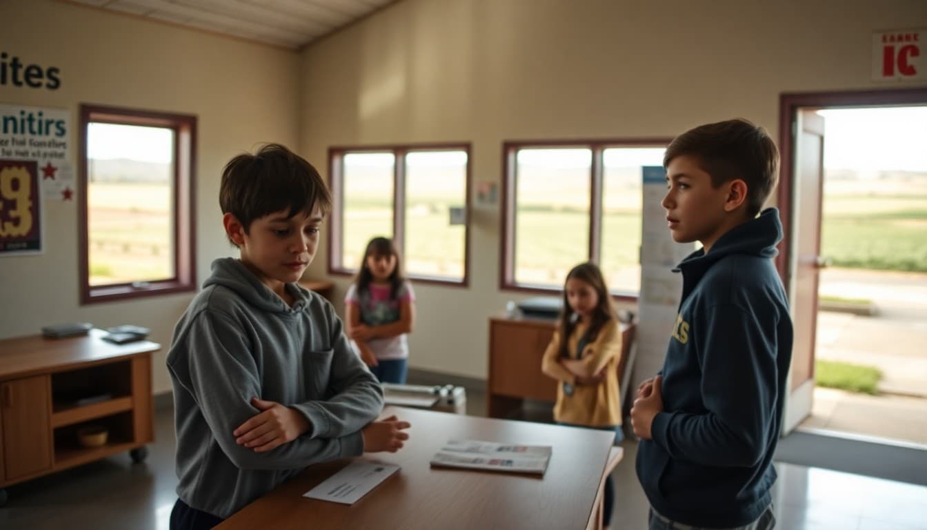 California Central Valley rural school with farmland in the background and bilingual newsletters at the front desk