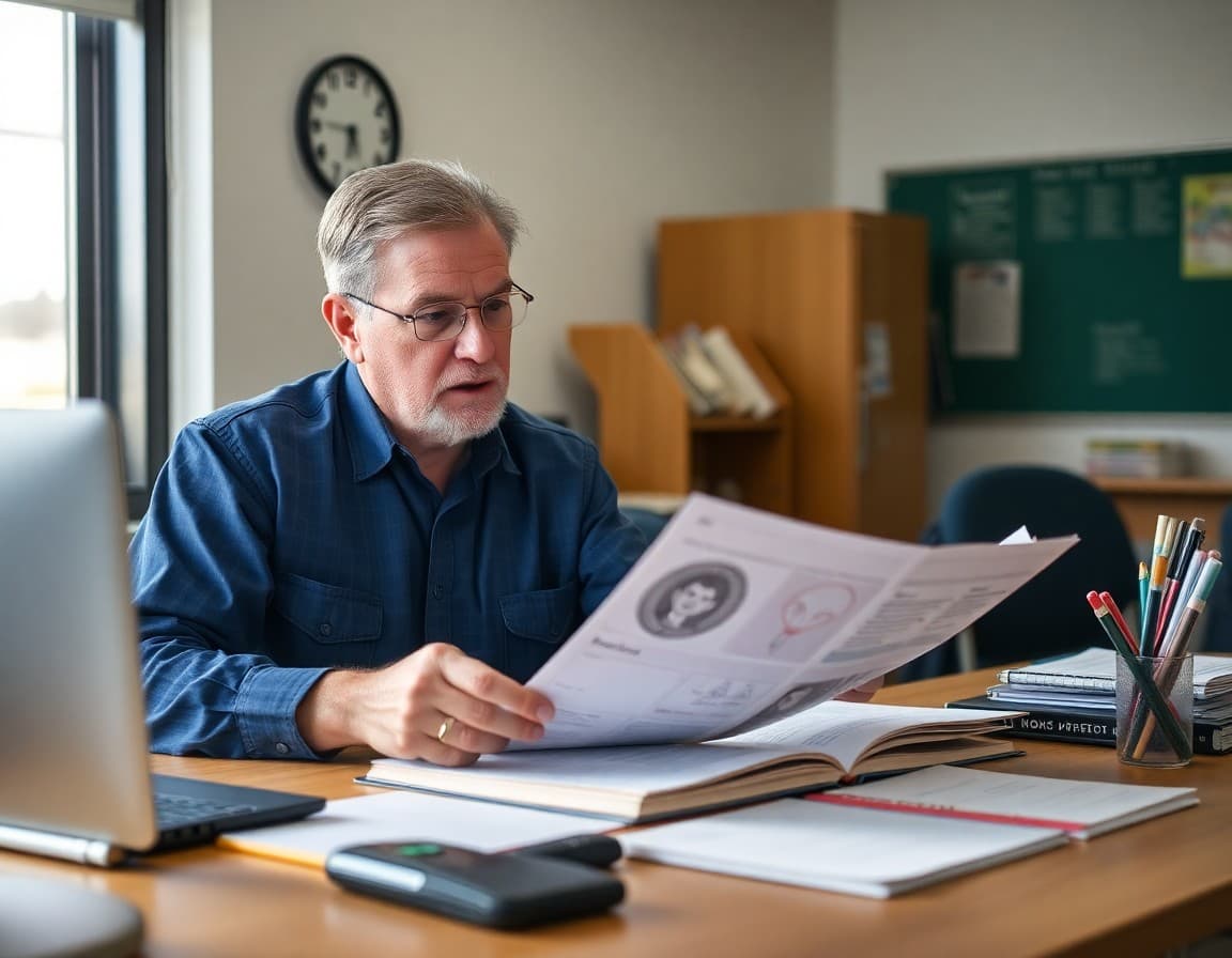A Colorado Eastern Plains school principal reviewing family communication materials at their desk