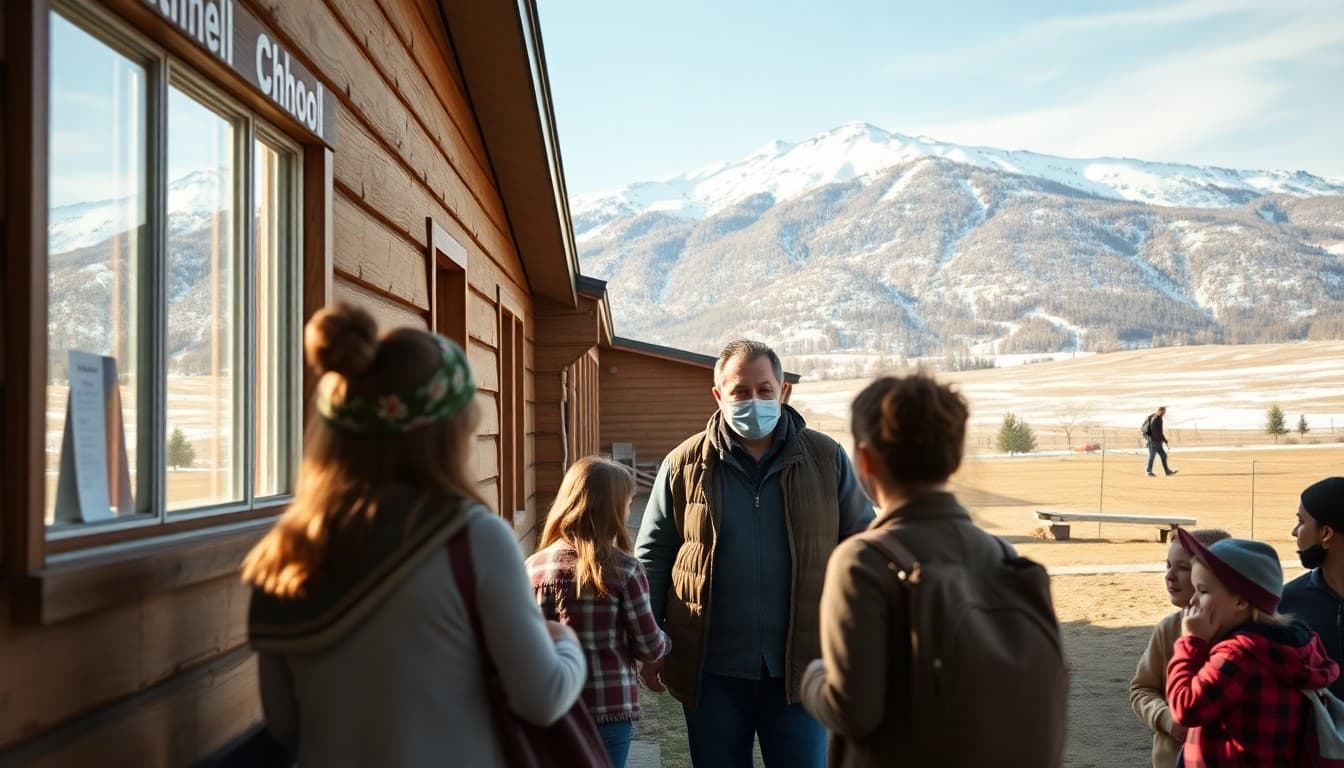 A Colorado mountain rural school with snow-capped peaks in the background and a teacher greeting families