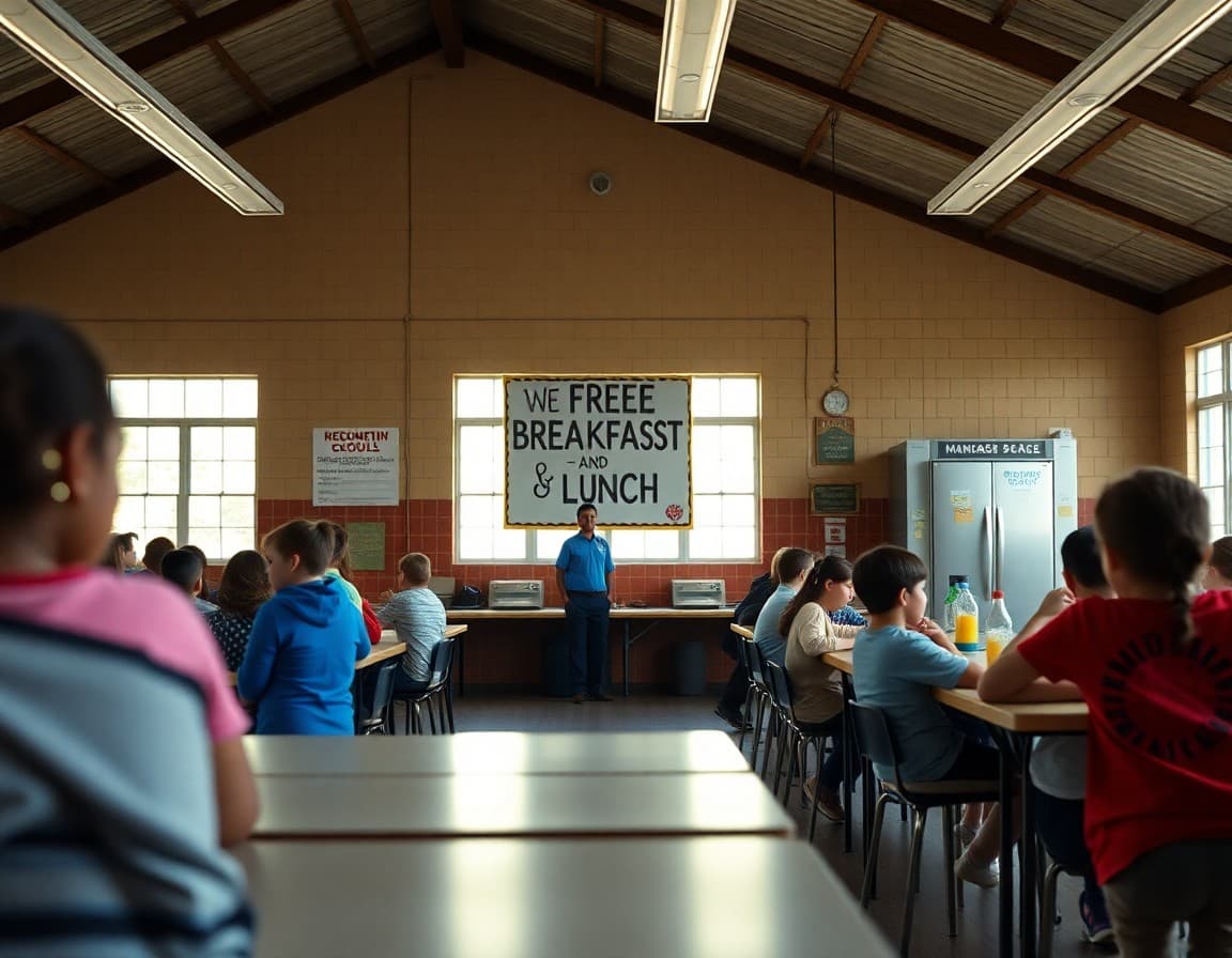 Rural school cafeteria with sign announcing free breakfast and lunch for all students