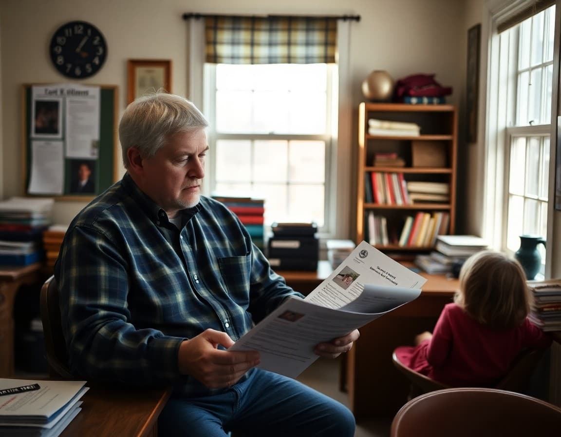 A small Connecticut rural school principal reviewing family communication materials in a cozy school office