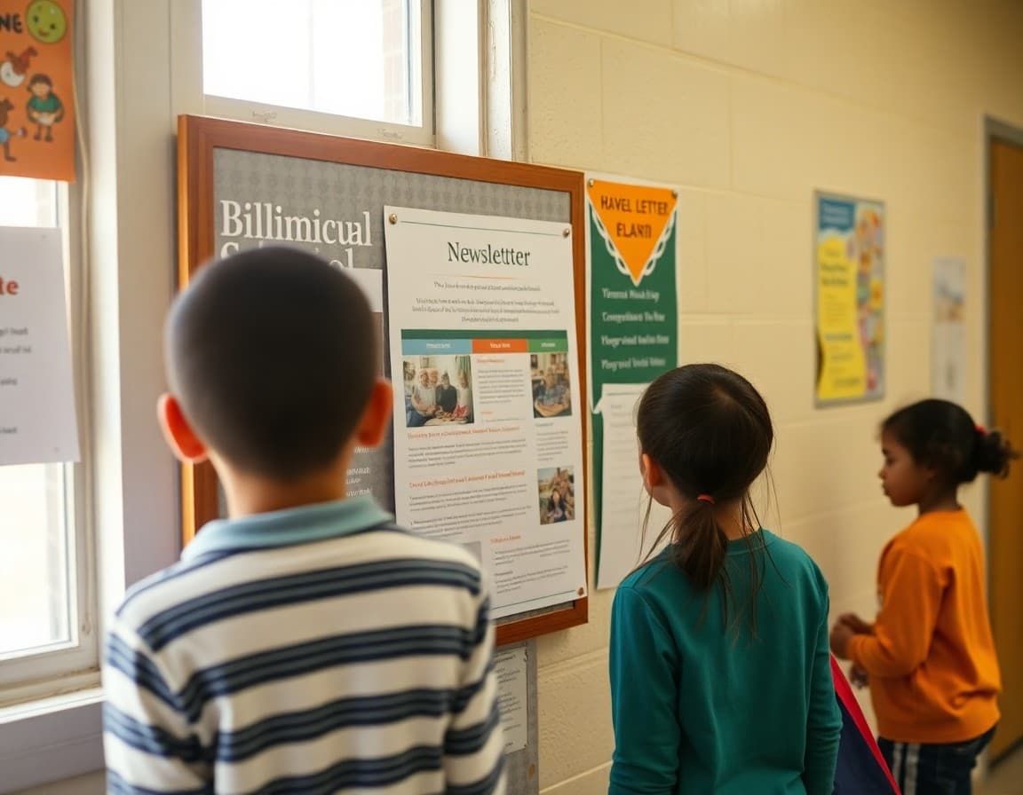 Bilingual school newsletter posted at a Delaware rural school front office bulletin board