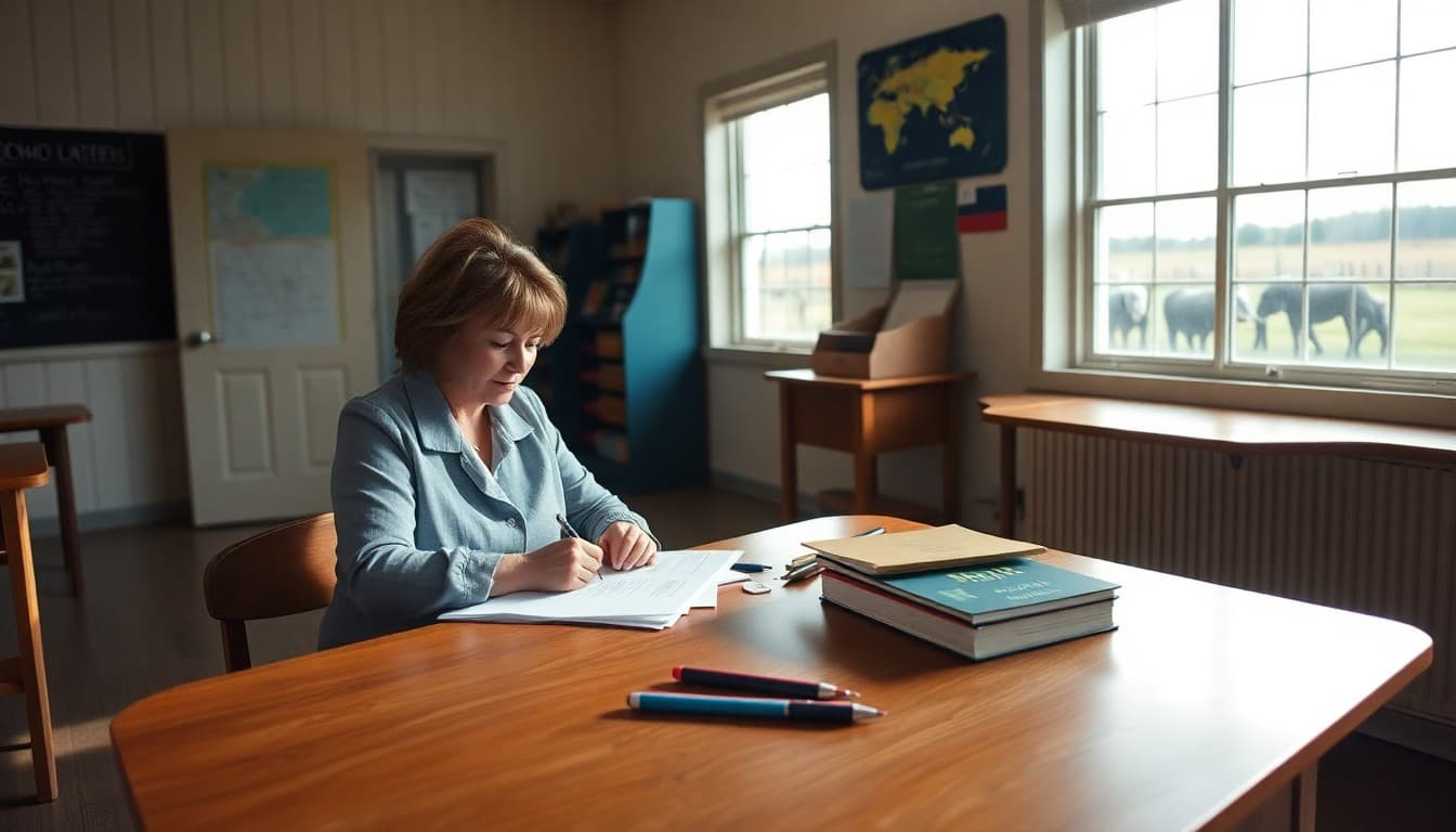 Delaware Sussex County rural school building near farmland with a teacher at a desk writing newsletters