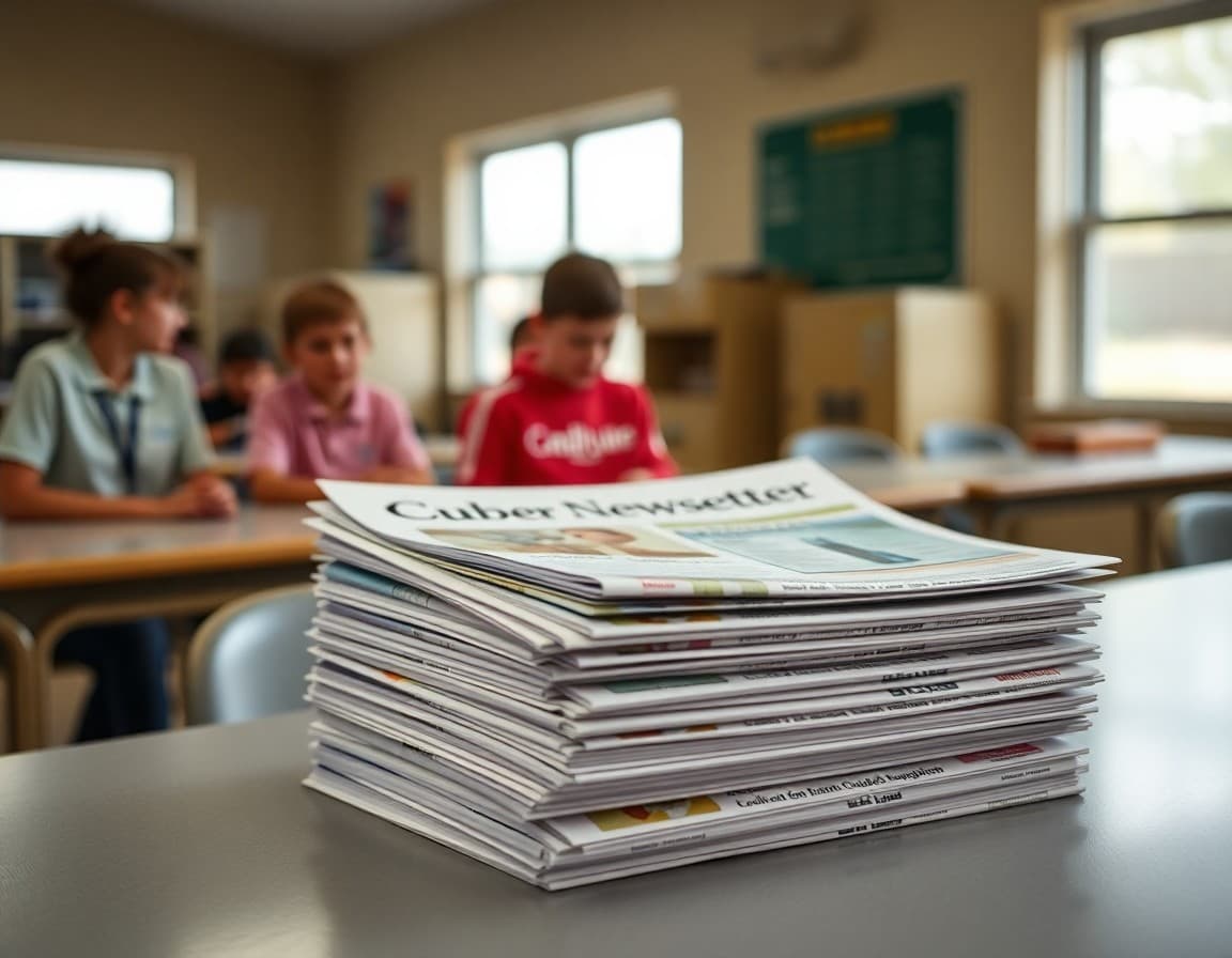 Bilingual school newsletters stacked on a table at a Delaware poultry processing community school