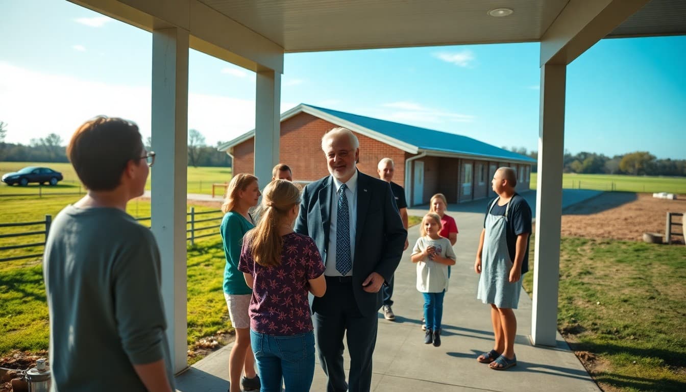A Delaware Sussex County rural school near farmland with a principal greeting families at the entrance