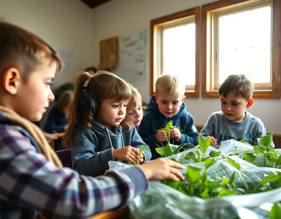Elementary students learning about crop cycles and farm science on a school farm field trip