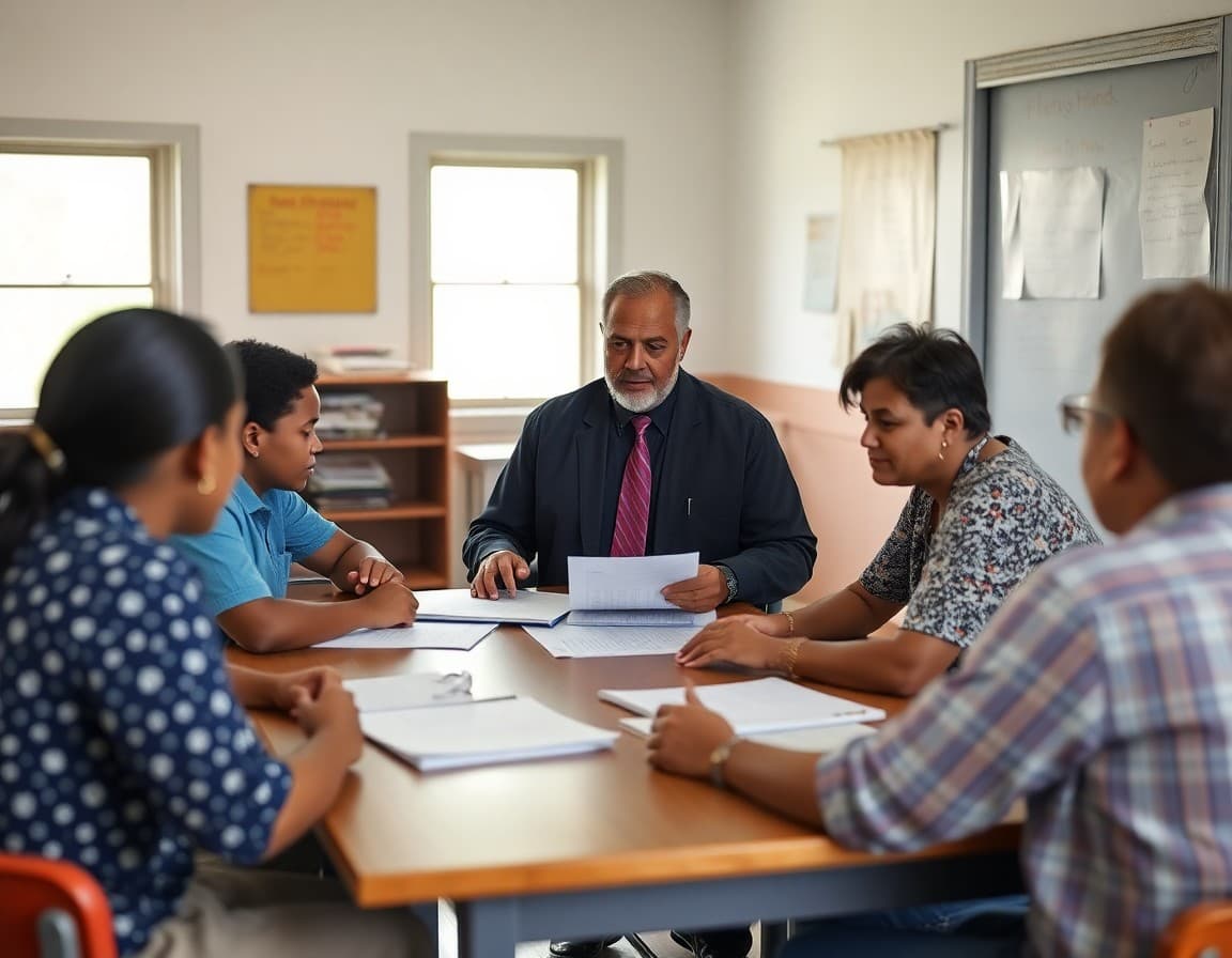 A Georgia Black Belt school principal reviewing community engagement plans with staff in a rural school office