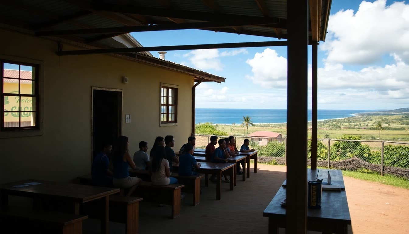 Hawaii rural school building on Molokai surrounded by agricultural land and ocean views