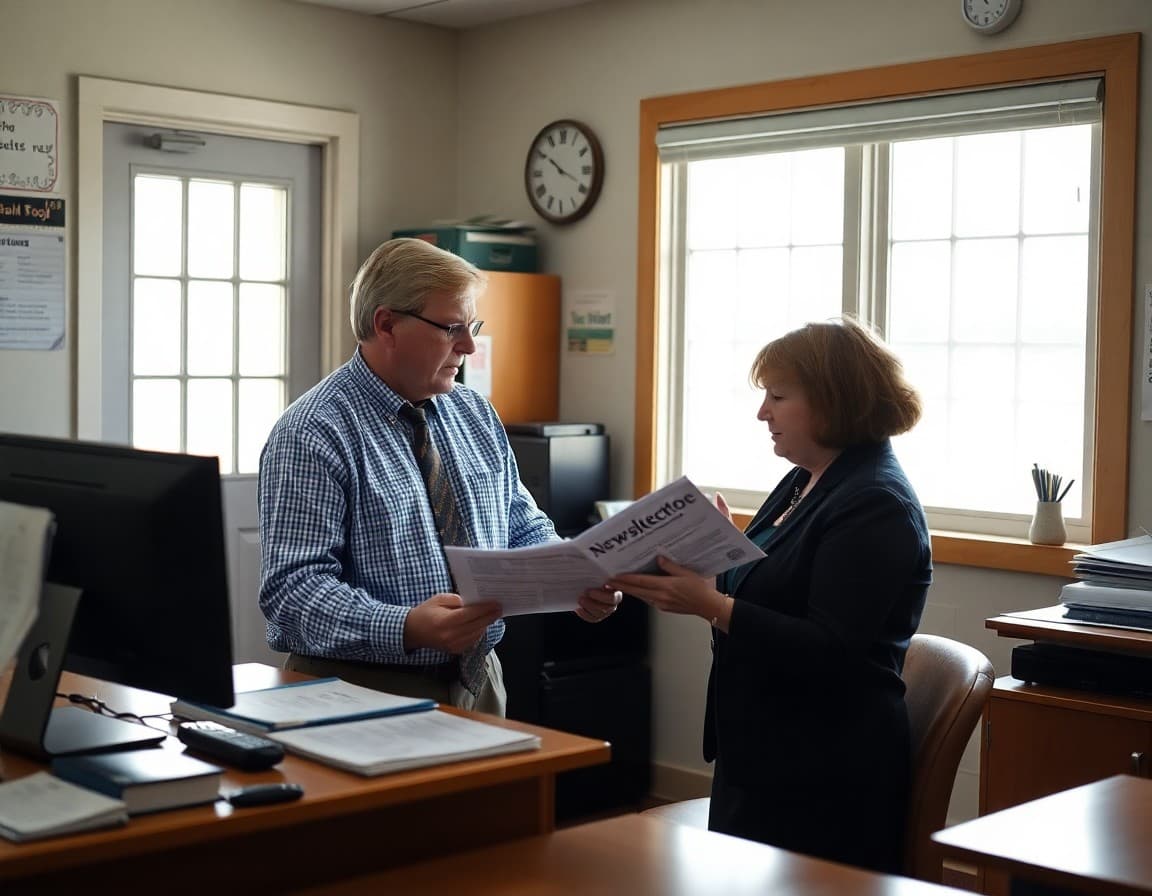 Iowa rural school principal reviewing family newsletter materials with a secretary in a small school office