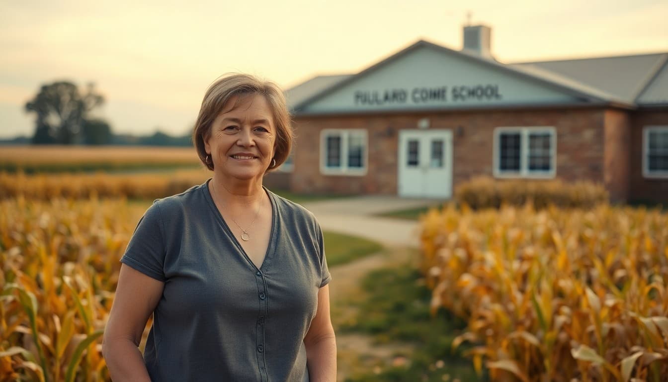 An Iowa rural school teacher standing in front of a school building surrounded by corn fields in late summer