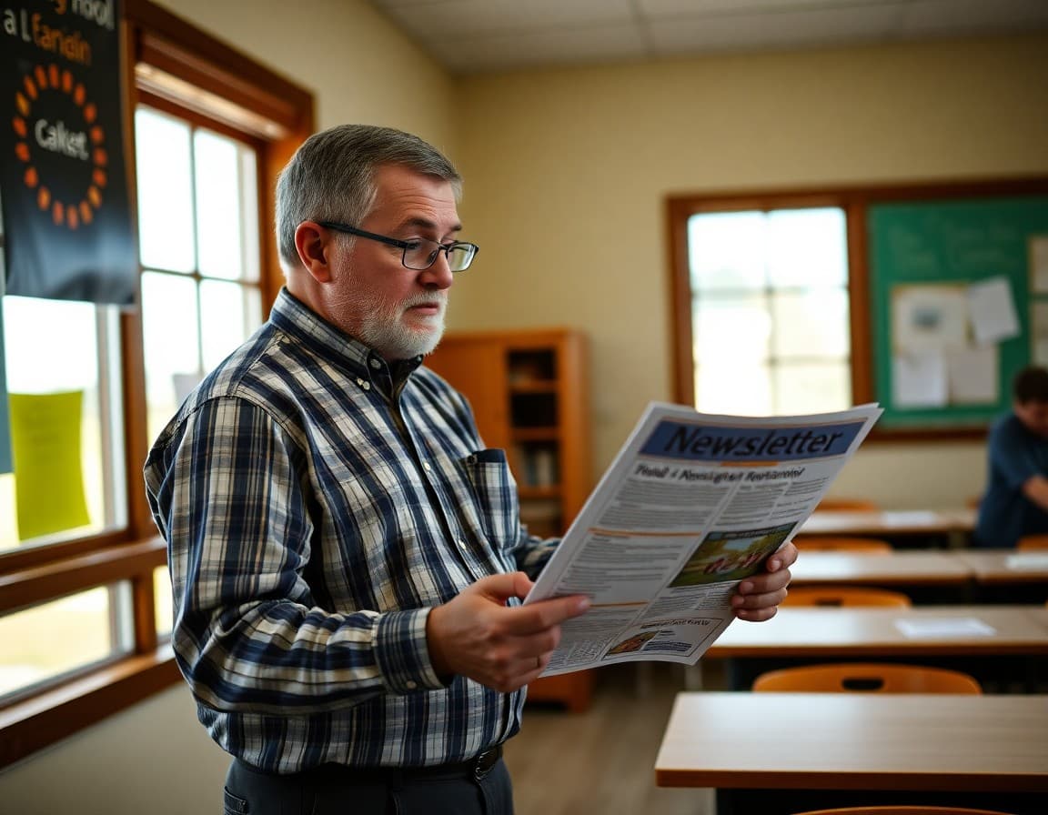 An Idaho rural school principal reviewing bilingual newsletter materials for Spanish-speaking farming families
