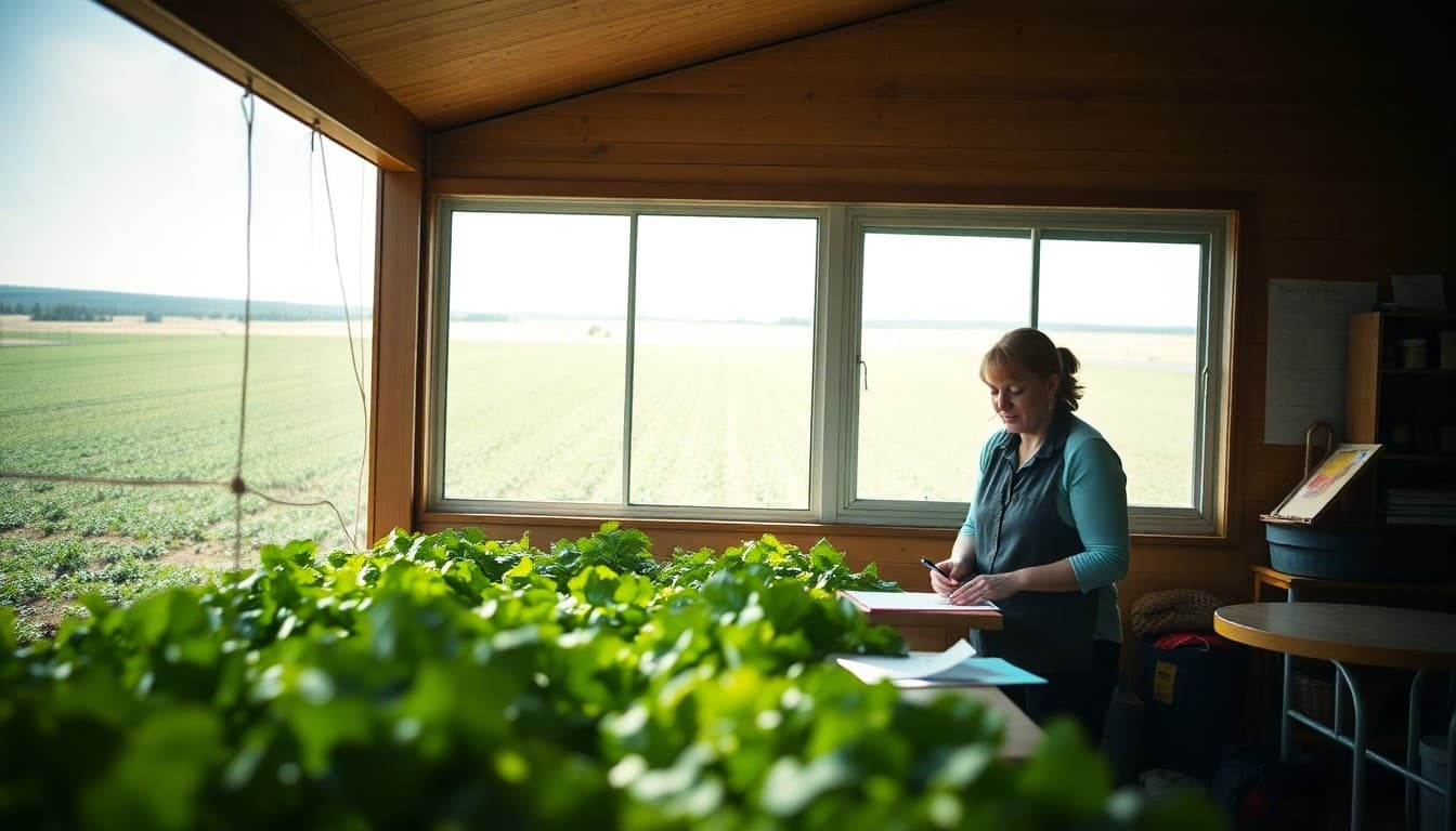 An Idaho Snake River Valley school building surrounded by potato fields with a teacher preparing family communications