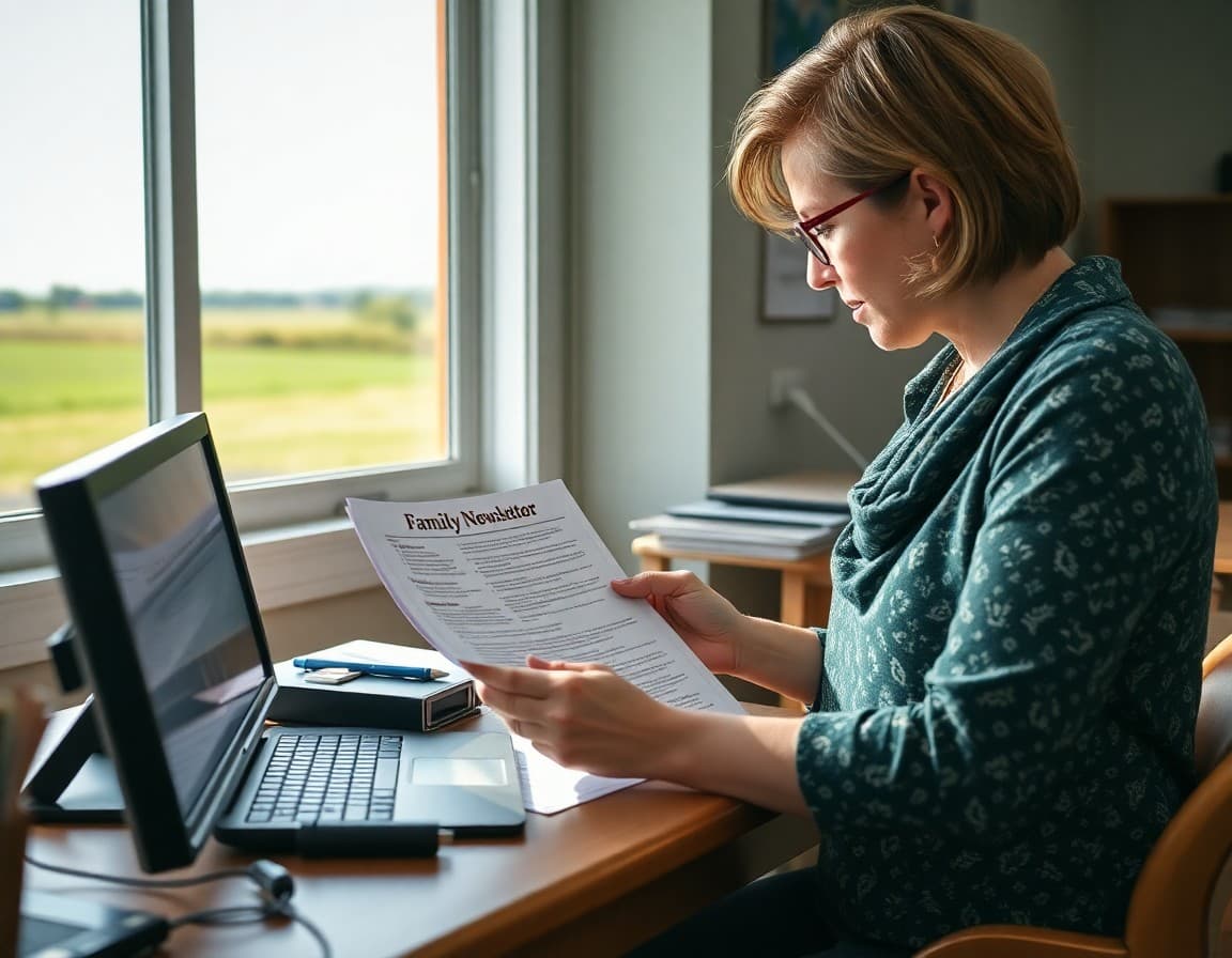 A rural Indiana school teacher reviewing family newsletter content at a desk near a window overlooking farmland