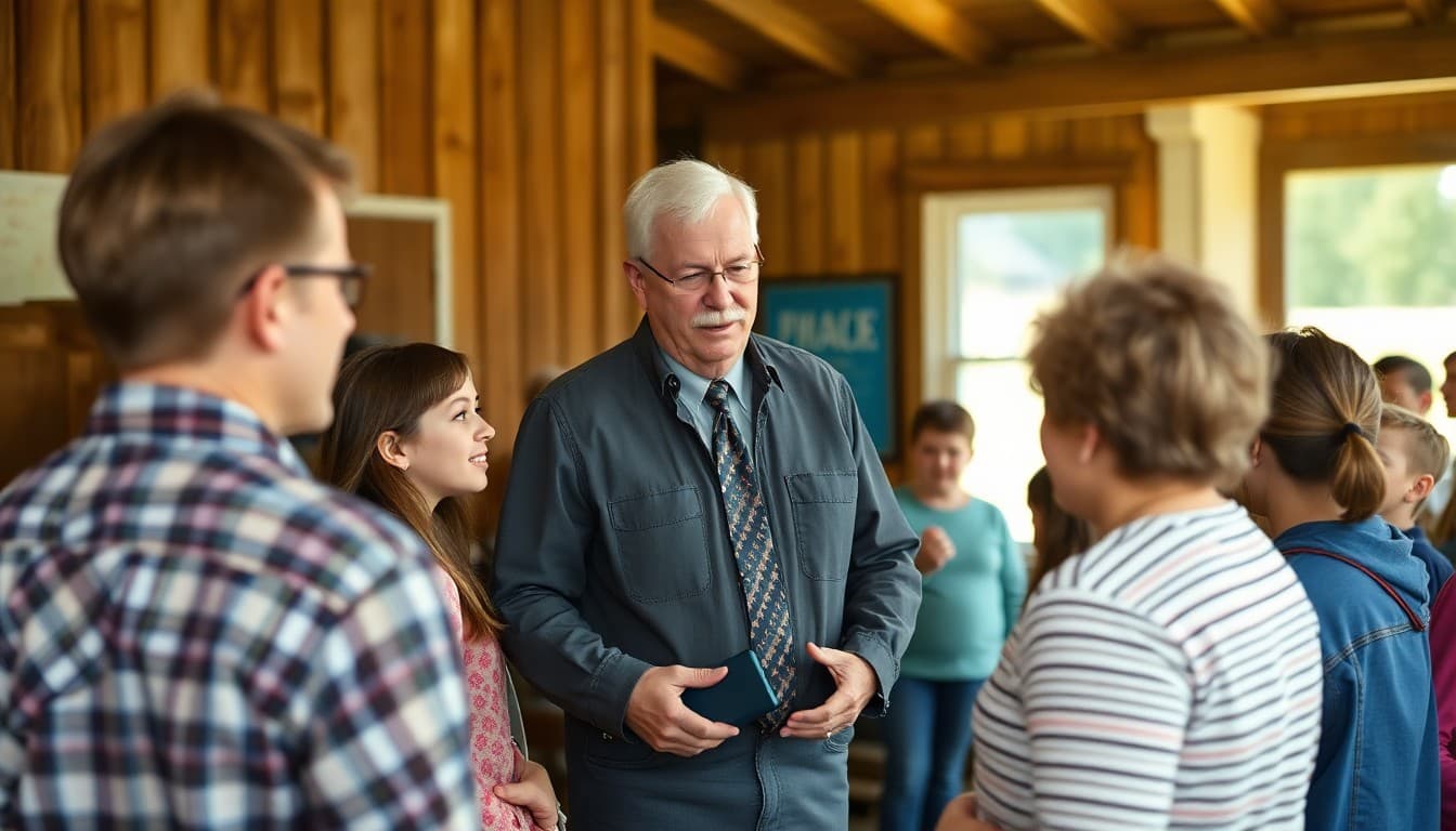 An Indiana corn belt rural school principal greeting farm families at an outdoor school event