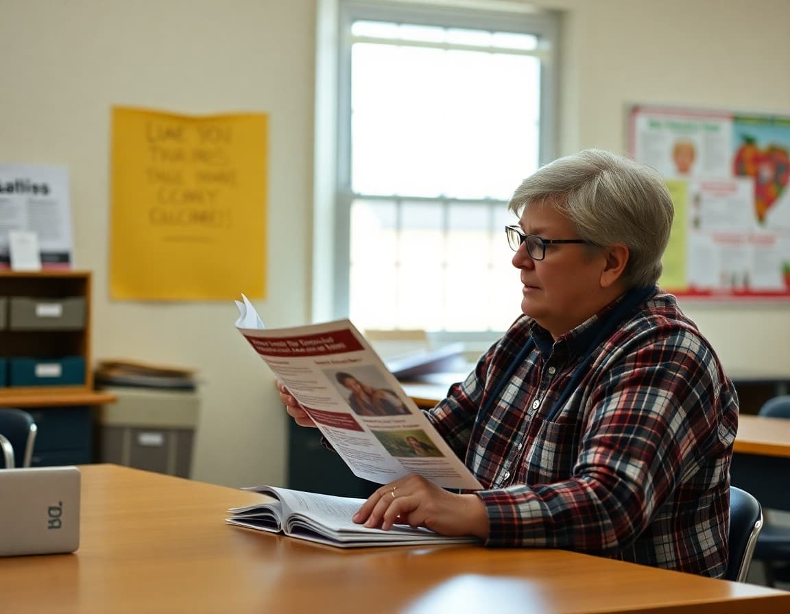 A rural Kansas school principal reviewing bilingual family newsletter materials at a school desk