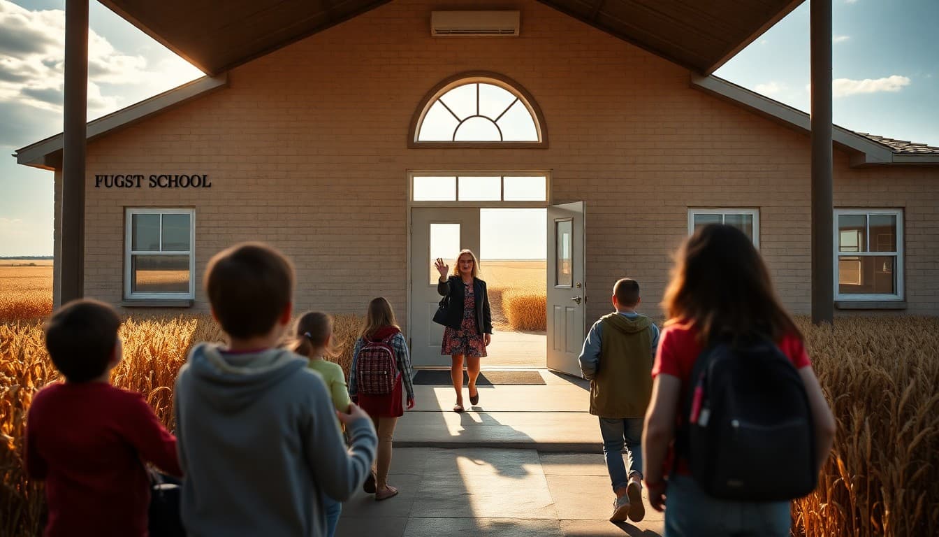A Kansas rural school surrounded by wheat fields with a teacher waving to families arriving at school