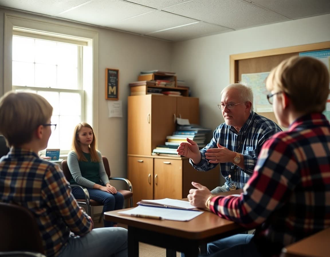 A rural Kentucky school principal reviewing family communication strategies in a modest school office