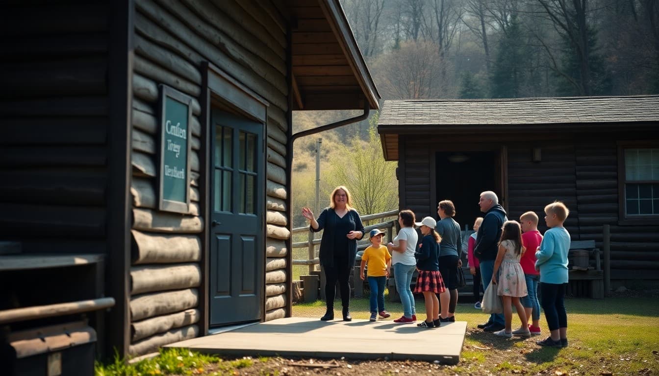 A Kentucky Appalachian rural school nestled in a mountain hollow with a teacher greeting families outside