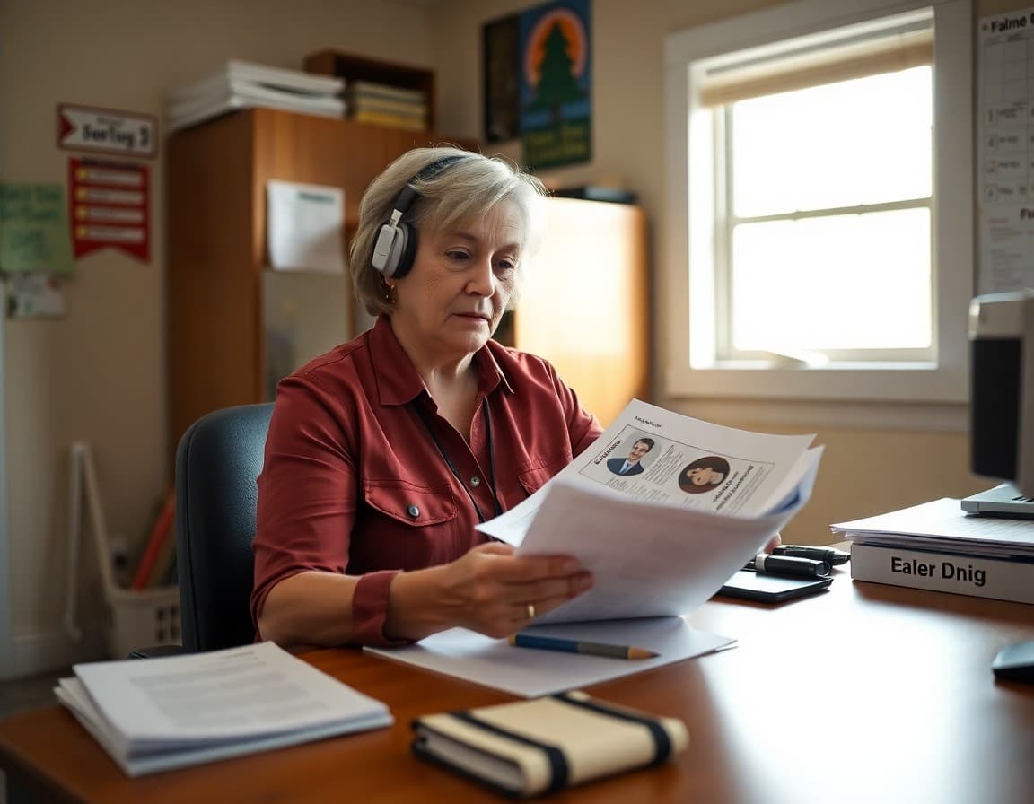 A Louisiana rural school administrator reviewing family engagement materials at a desk in a small school office