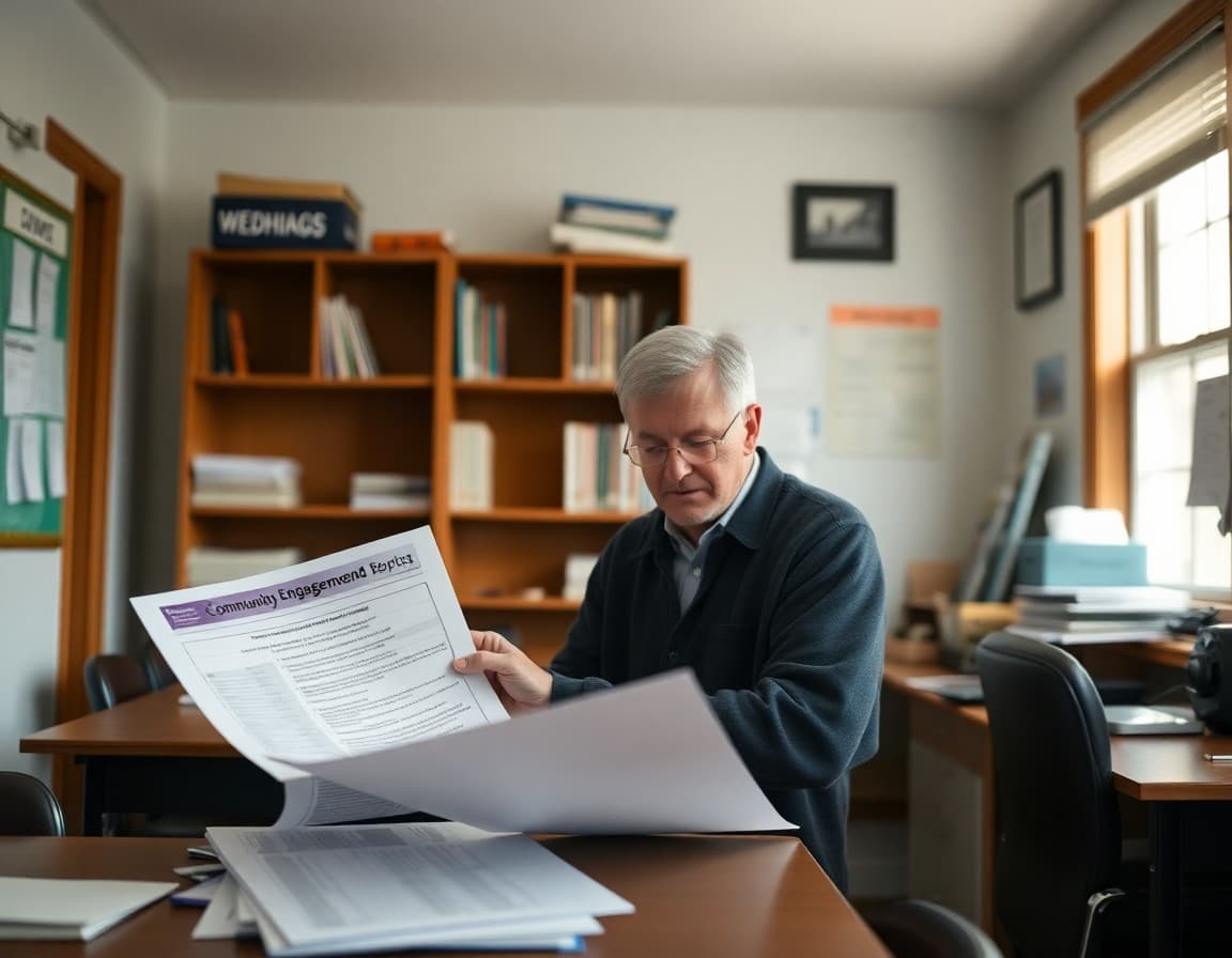 A rural Massachusetts school principal reviewing community engagement materials in a small New England school office