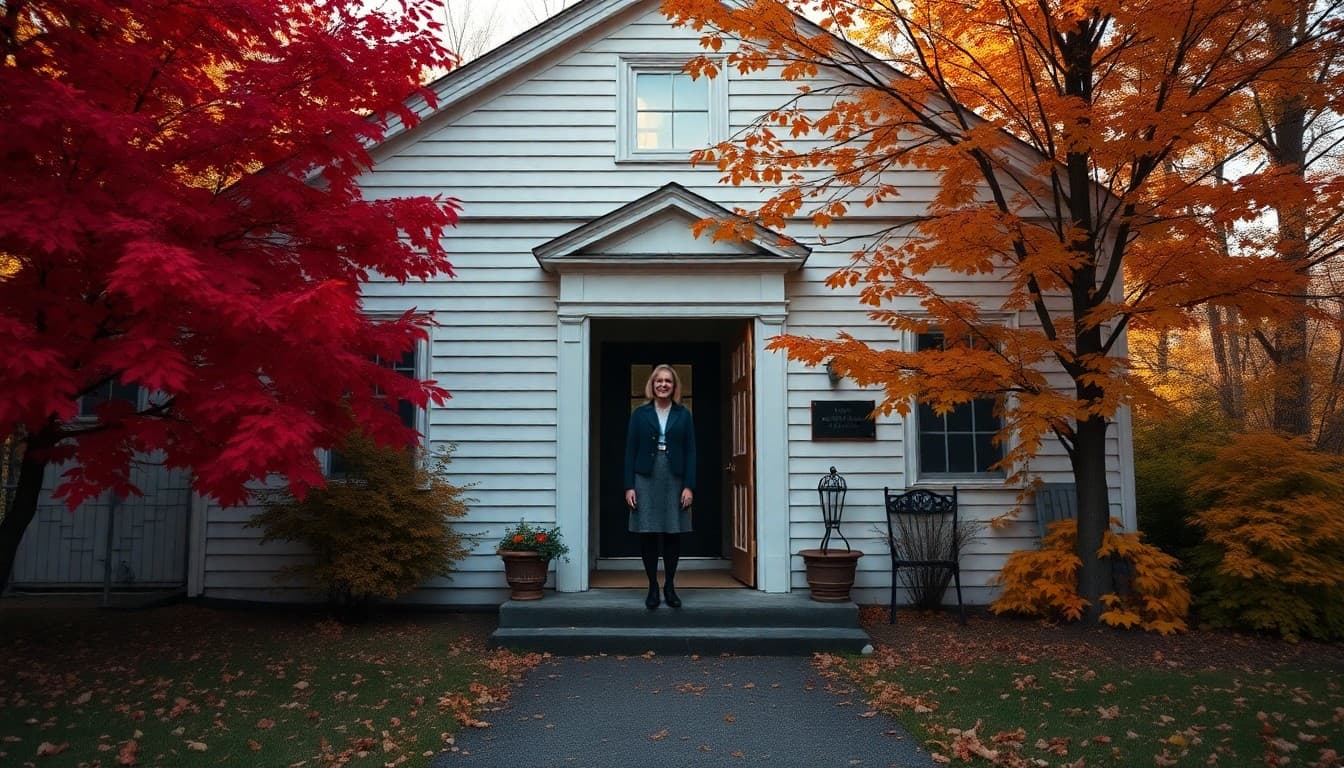 A Massachusetts Berkshires rural school surrounded by autumn foliage with a teacher at the entrance