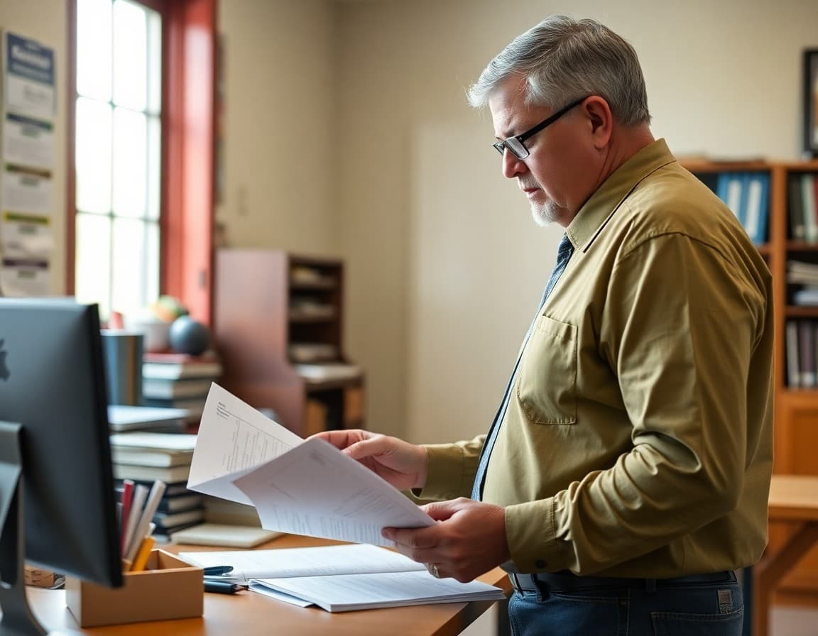 A rural Maryland school principal reviewing family communication materials in a school office